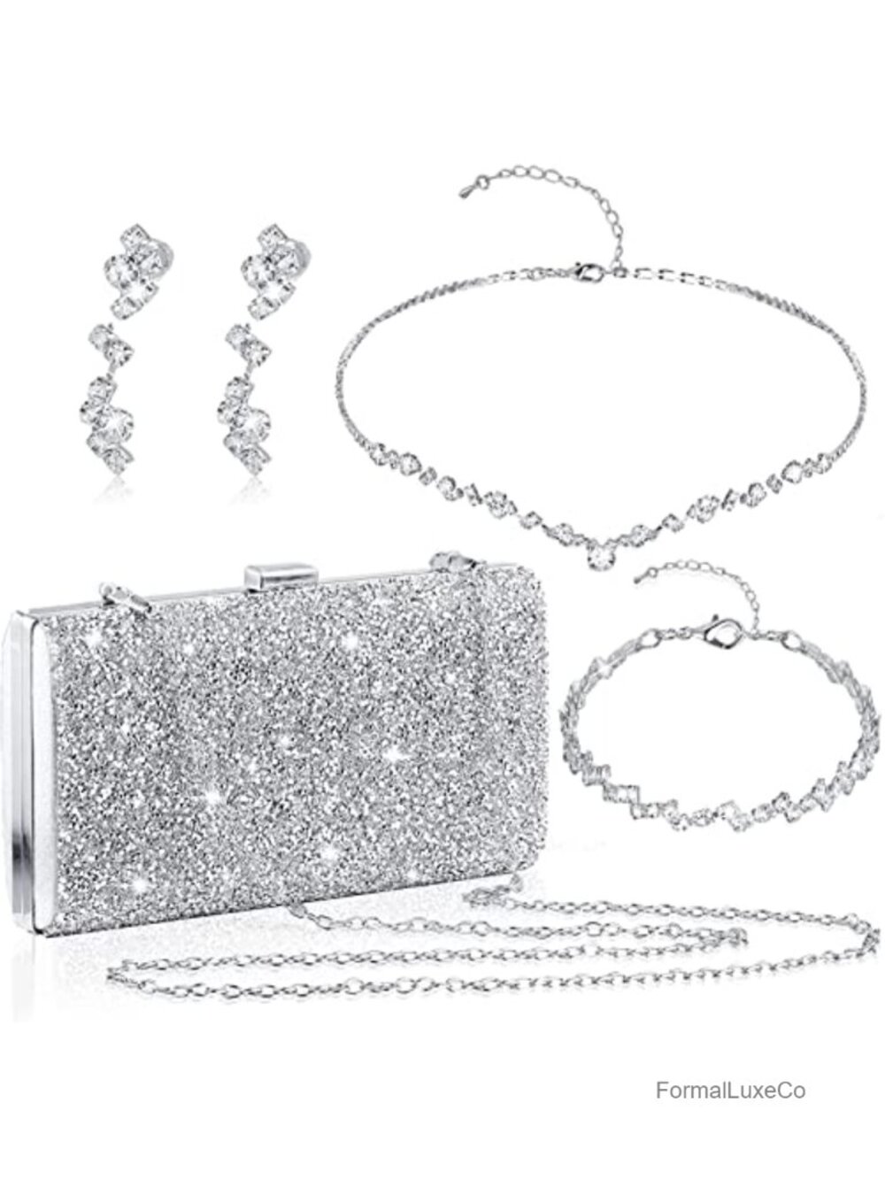 Women Rhinestone Evening Clutch Purse with Jewelry Set